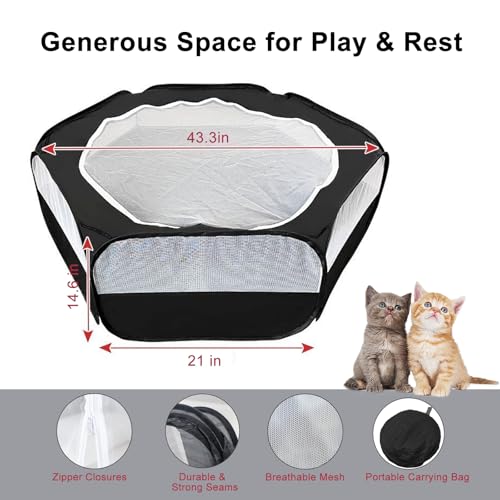 Small Animals Playpen with Top Zippered Cover Pet Yard Fence Black | High-Strength Steel & Breathable Mesh, Portable Indoor Outdoor Hexagonal Foldable Pet Tent for Chinchillas, Guinea Pig - color: Black