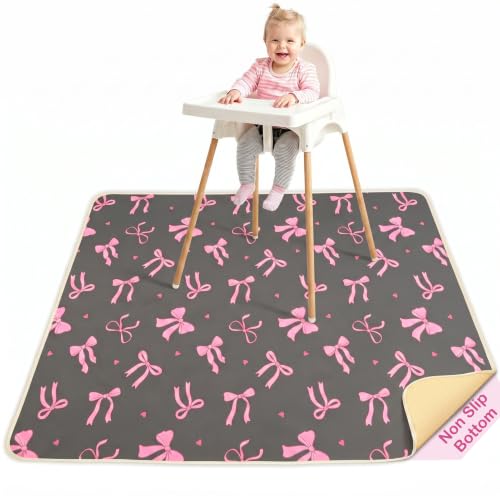 Basumee Splat Mat for Under High Chair, Waterproof & Mess-Proof Floor Mat | 46"×42" Baby Splash Mat, Non Slip Bottom, 4-Layer Fabric, Food & Liquid Catcher, Machine Wash for Boy Girl, Meals, BLW, Craft - color: Dark Grey Bow, size: 46x42 Inches