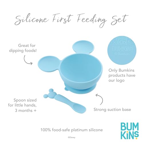Bumkins Disney Baby Bowl, Silicone Feeding Set with Suction for Baby and Toddler, Includes Spoon and Lid, Essentials for Baby Led Weaning,for Babies 4 Months, Mickey Mouse Light Blue - color: C4 Mickey Mouse LBlu, style: Disney