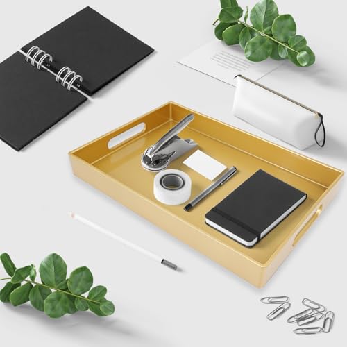 Spsyrine Gold Bathroom Vanity Tray with Handles for Dresser Tops, Countertop, Perfume Decorative Tray, 11.8” * 7.87” *1.37” - color: Gold