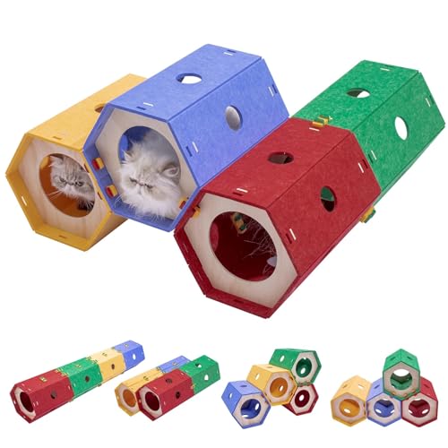Thickened Felt Cat Tunnel, Connectable Modular Cat Hideaway Bed Rabbit Cave | DIY Toys Sturdy Kitten House, Bunny Hideout Entertainment, Washable Cozy Hole, Crinkly Scratching Cube for Indoor Cats, 1 Set