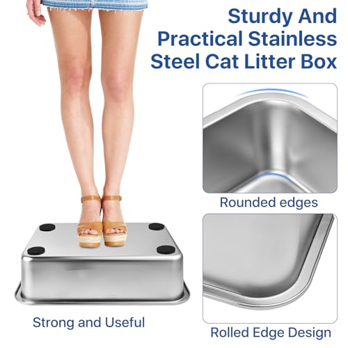 Stainless Steel Cat Litter Box, 16 x 12 x 4 Large Litter Box, Non Stick Kitty Litter Pan with Metal Litter Scoop and Anti Slip Stickers for Kitten, Guinea Pig and Rabbit
