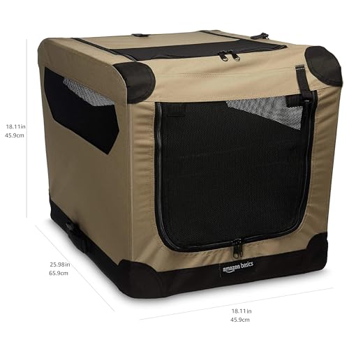 Amazon Basics Portable Folding Soft Dog Crate, 2-Door, Collapsible Travel Kennel, Top & Front Loading, Small 26" x 18" x 18", Tan - color: Tan, size: S 26" x 18" x 18"