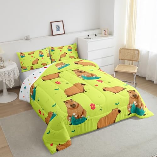 Capybara Comforter Set Gifts Twin Size, Kawaii Animal Decor Bedding Set Capybara Room Decor Capybara Floral Duvet Insert for Kids Boys Girls Bedroom, Funny Rodent Animals Quilt with 1 Pillow Case - color: Multi 01, size: Twin