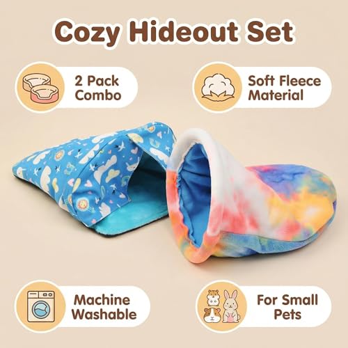 2 Pack Guinea Pig Hideout Set, Fleece Snuggle Sack & Cave Bed for Guinea Pigs, Hedgehogs, Ferrets, Chinchillas, Mini Rabbits, Cozy Small Animal Bed for Cage Habitat