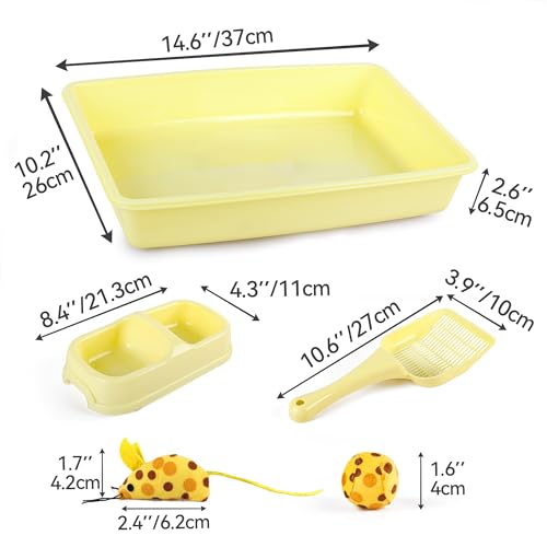PAWISE Cat Litter Box Set, Small Kitten Starter Kit, Includes Litter Box, Litter Scoop, Double Dish Feeding Bowl, Cat Mouse Toy, Kitty Ball Toy, Yellow - color: Yellow