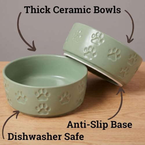 Ceramic Dog Bowl Set of 2 with Anti-Skid Base, 5.5"W x 2"H, 2 Cup Capacity | Thick Ceramic, Dishwasher Safe, Anti-Skid Rubber Base, 2 Cups per Bowl, Ceramic Food and Water Bowls Set of 2 for Small Dogs - color: Sage Green, size: Small