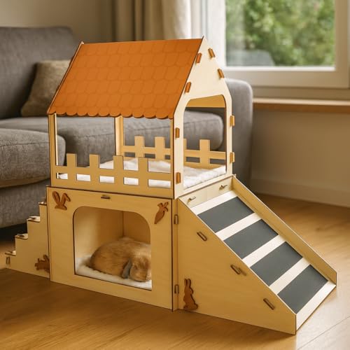 OtterPets Extra Large Bunny Hideout, Wooden Rabbit Castle with Fleece Mats | Pet-safe wood joints (no rubber bands), rabbit hideout made of safe wood, bunny house indoor; chinchilla and guinea pig safe - color: Pet Safe Wood Joints