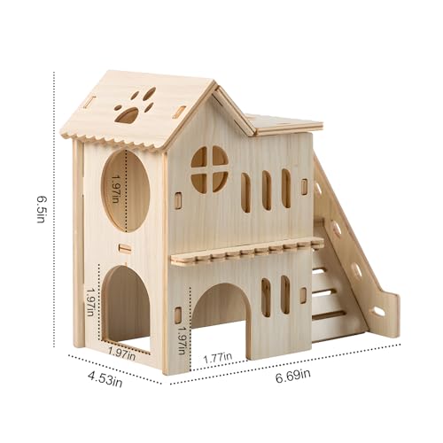Hamster Hideout with Wooden House, Fun Slide, Double-Decker Hut & Maze - for Dwarf Hamsters, Gerbils, Mice, Small Animals