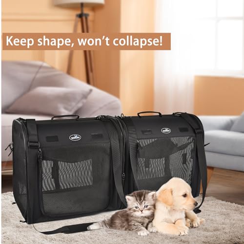 Wakytu 2-in-1 Pet Carrier for Cats & Dog, Travel Carrier for Camping | Extra-large fits 2 cats up to 25lbs each, includes 2 hammocks, carry bag, bowls & stakes. Car seatbelt pass-through