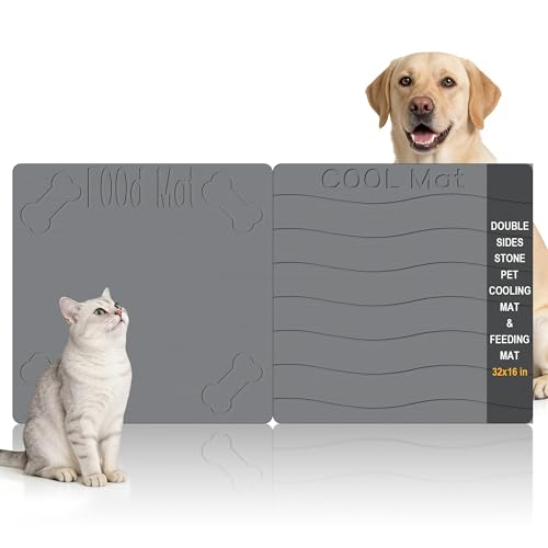 Double-Side 2 in 1 Stone Pet Food Mat & Cooling Mat (31"*16") | Instant dry water absorbing Diatomite Stone Dog Bowls Drying Mat & Heat dissipating Pet Cooling Mat. Bite-Proof & Non-slip. - color: DARK GREY, size: 31"*16"