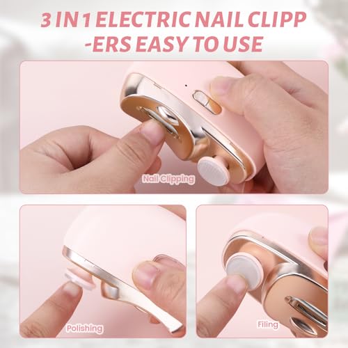 3 in 1 Electric Nail Clipper for Seniors, Baby Nail Trimmer Electric Automatic Trimmer, Safe Electric Toenail Clippers Nail File Tools for Adult, Manicure Kit Grinder with Polishing(Pink) - size: Pink