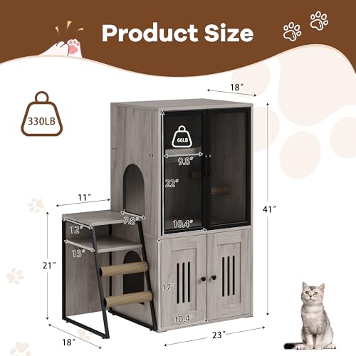 TrailBlaze Litter Box Enclosure with Platform, Double Layer Hidden Furniture, Modern Villa Cat Cabinet with Ladder, Hammock & Metal Mesh Door, Indoor Washroom Cat House-Gray - color: Gray