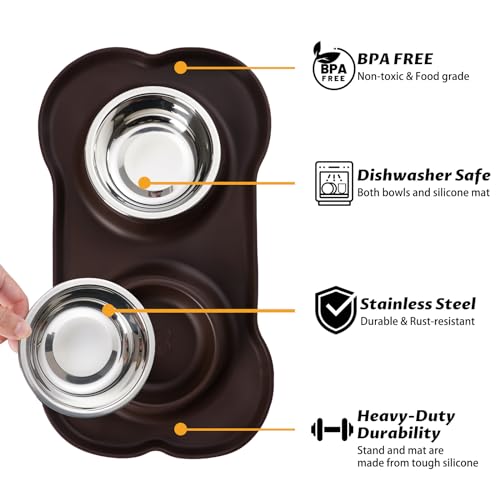 Hubulk Pet Dog Bowls 2 Stainless Steel Dog Bowl with No Spill Non-Skid Silicone Mat + Pet Food Scoop Water and Food Feeder Bowls for Feeding Small Medium Large Dogs Cats Puppies (Medium, Chocolate) - color: Chocolate, size: Medium
