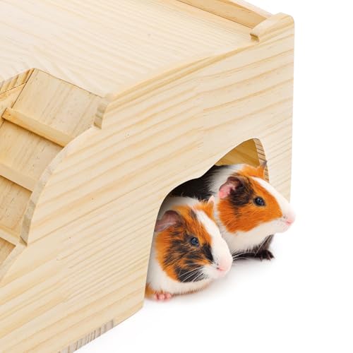 Coloch Wooden Guinea Pig Castle with Hay Feeder, Large Chinchilla Hideout with Feeding Bowl&Ladder Multi-Chamber Guinea Pig House for Guinea Pigs, Chinchillas, Hedgehogs