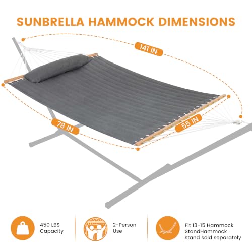 Lazy Daze 12 FT Sunbrella Quilted Hammock, Non-Fading Double Hammock | 2 Person Hammock with Pillow, Straps, Carabiners , All Weather Fade Resistant for Outside, Cast Slate - color: Cast Slate