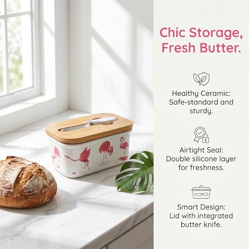 Cute Flamingo Print Ceramic Butter Dish with Bamboo Lid & Butter Knife, Covered Butter Keeper Container Fits Standard Western Butter Stick for Kitchen Countertop Fridge Storage - color: Flamingo