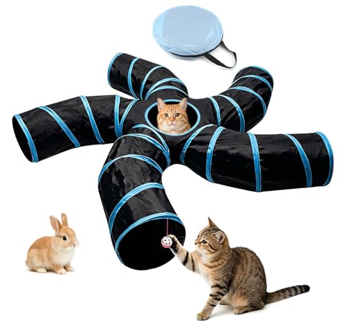 Bemodst Cat Tunnel for Indoor Cats, 5 Way Cat Tubes and Tunnels Collapsible S-Shape Small Animal Tubes Kitty Tunnels Interactive Maze Cat Toy for Kitten Rabbit Ferret - 5 Way - color: Black&Blaue 5 way