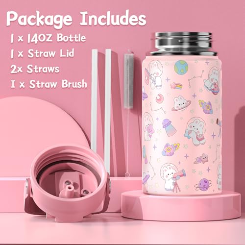 FIXITOK Girls Backpack with 14oz Insulated Water Bottle Set, Kawaii Bunny School Backpack for Girls with Kids Water Bottle Lunch Bag Pencil Case for Kindergarten Elementary Preschool School - color: W-pink