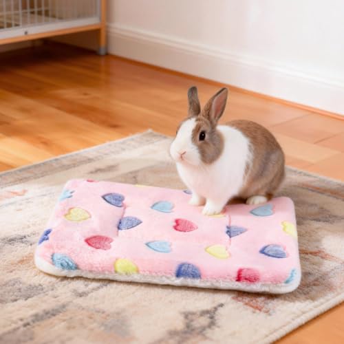 2 Pcs Bunny Bed, Washable Rabbit Bed, Double-Sided Fleece Sleeping Pad for Guinea Pig, Dwarf Rabbit, Chinchilla, Ferret, Hamster, Warm Small Animal Cage Mat, 13x10in, Pink Heart - color: Pink Heart