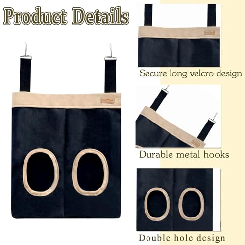 Rabbit Hay Feeder Bag for Guinea Pigs and Chinchillas | Chew Proof Washable Oxford Cloth Hay Rack, Timothy Hay Holder, Hanging Double Hole Black Oxford Cloth