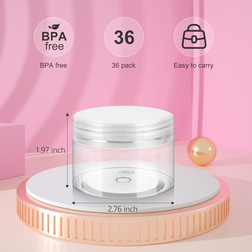 Loretoy 36 Pack 4 OZ Plastic Jars with Lids, BPA Free, Reusable, Refillable Transparent Cosmetic Containers for Bath Salts, Cosmetics, Powders, Beauty Product and Small Accessories - White | Reusable, Refillable Transparent Travel Container for Lotion, Cr