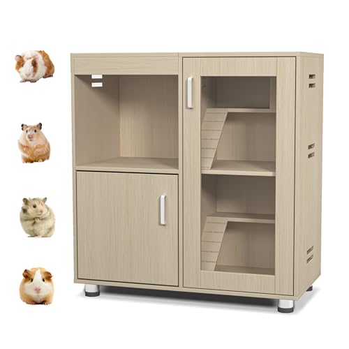 Hamster Cage Rodent Habitat with Acrylic Viewing Windows Openable Top Storage Cabinet Multi Level Wooden Home for Chinchilla Rat Gerbil Guinea Pig Feeding Play Rest Exploration Enclosure (Teak) - color: Teak