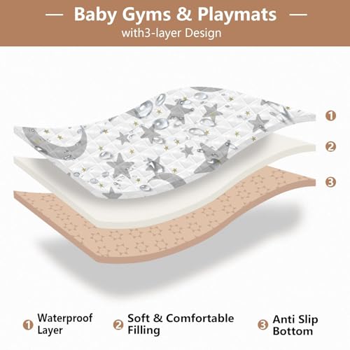 Baby Play Mat Stars Moon Pastel Grey 50 x 50 Playpen Mats for Floor Play Gym Crawling Mat Non-Slip Cushioned Baby Playmat for Infants, Babies, Toddlers - color: multi 7