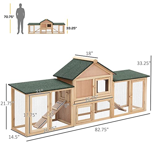 PawHut 83" L Outdoor Rabbit Hutch with Double Runs, Large Guinea Pig Cage Indoor, Wooden Bunny Hutch with Weatherproof Roof, Removable Tray, Ramps, for Rabbits, Chickens, Ducks, Natural - color: Natural