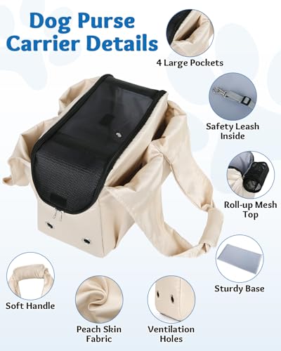 Dog Purse Carrier for Small Dogs, Cats, and Puppies, Beige | Soft-Sided Dog Bag Carrier with 4 Large Pockets, Lightweight, Collapsible, Fits Pets up to 15 lbs, for Travel, Outings - color: Beige