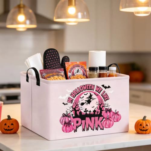 Pink Spooky Cute Witch Halloween Basket with Pumpkin Prints, Trick or Treat Storage basket for Gifts and Party Stuffers(Black Pink Halloween) - color: Black Pink Halloween
