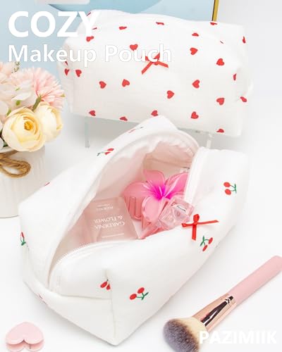PAZIMIIK Cozy Makeup Bag for Women,Zipper Cosmetic Pouch,Gauze Cherry | Soft Cosmetic Organizer for Makeup,Skincare,Toiletries,Daily Beauty Essentials,Purse,On-the-Go,Bridesmaid Gifts - color: Gauze Cherry