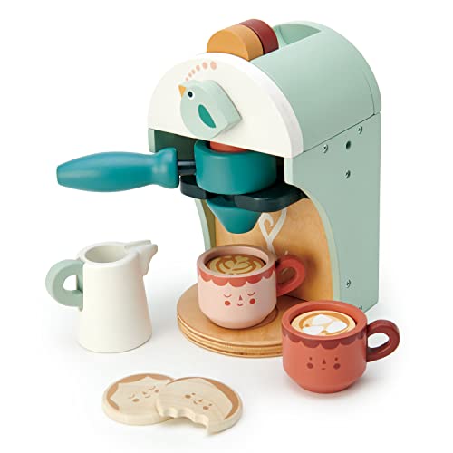 Tender Leaf Toys - Babyccino Maker Wooden Coffee Machine Pretend Food Play Toy with Espresso Capsules and Cups Made Premium Materials Craftsmanship Age 3+