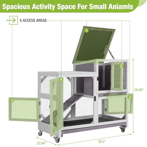 GUTINNEEN Rabbit Hutch Indoor Outdoor 2 Story Bunny House on Wheels Wood Rabbit Cage with 2 Pull Out Trays Guinea Pig Cage (Gray) - size: 39.3"L Rabbit Hutch Grey