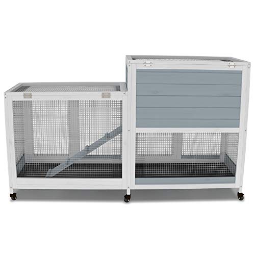 GDLF 58" Rabbit Hutch, Bunny Cage Indoor with Wheels & Cleaning Tray | 58"L x 17.8"W x 34.6"H, 2-Level Design with Wheels, Ramp & No-Leak Cleaning Tray for Rabbits, Guinea Pigs and Small Animals