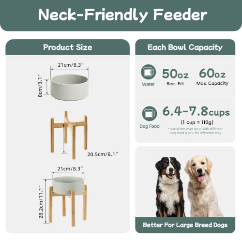 Havniva Dog Bowls Elevated, Ceramic Dog Food and Water Bowl | 8.3” Raised Dog Food Bowl, Elevated Dog Bowls with Bamboo Stand, Non-Slip Dog Water Bowl for Large Dog, Large Capacity - color: Matte Gray, size: 8.3" - Bowl+Stand