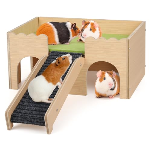 Wooden Guinea Pig Hideout Castle with Stairs,Small Animal Bed Hut Habitats Spacious 2-Level Detachable Small Pet House for Rabbits, Hamsters & Chinchillas Bunny (Green) - color: Green