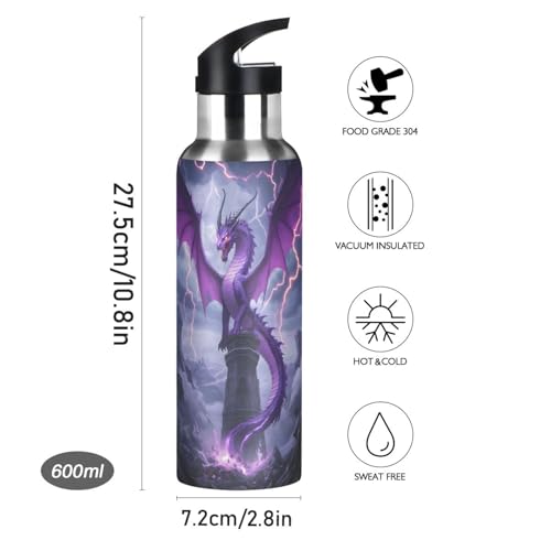 Purple Dragon Lightning Water Bottle Kids Insulated Sports Vacuum Stainless Steel Mug with Straw Lid & Handle 20 oz - color: AB05