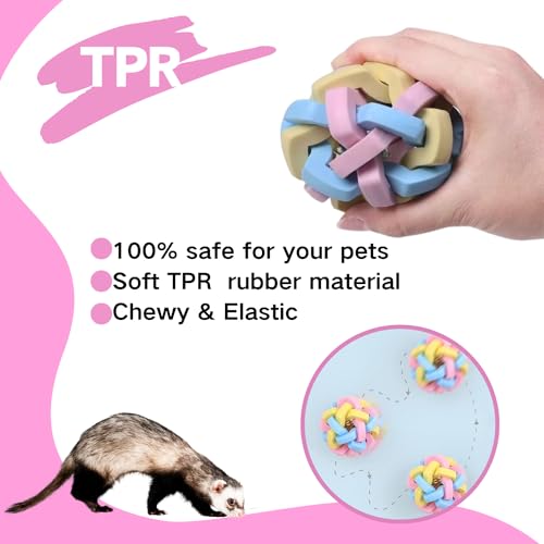 4 Pack Ferret Toys Ball Set, Rubber Scratch Chew Toys with Built-in Bell Soft Colorful Balls Grinding Wiggle Ball Interactive Sound Toy Exercise Teeth for Ferret Cat Kittens