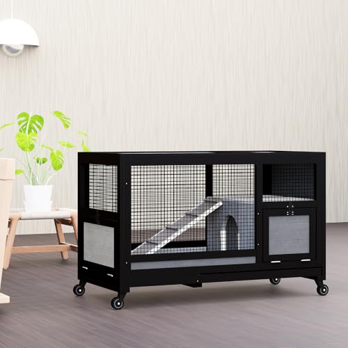 Wooden Rabbit Hutch Indoor Outdoor Bunny Cage on Wheels, Mobile Rabbit House with Deep No-Leak Pull Out Tray, Ramp & Hideout, Large Wooden Small Animal Habitat for Guinea Pigs, Chinchillas (Black)