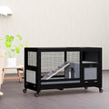 Wooden Rabbit Hutch Indoor Outdoor Bunny Cage on Wheels, Mobile Rabbit House with Deep No-Leak Pull Out Tray, Ramp & Hideout, Large Wooden Small Animal Habitat for Guinea Pigs, Chinchillas (Black)