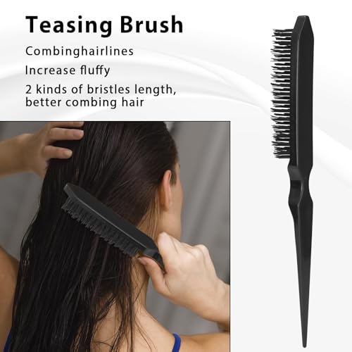 Hair Brush Set, Hair Brushes for Women Men kid Wet Dry All Hair Detangling Parting Styling, Brush Set with Detangler Brush, Edge Brush, Teasing brush, Rat Tail Comb (Black) - color: Hair brush set 2