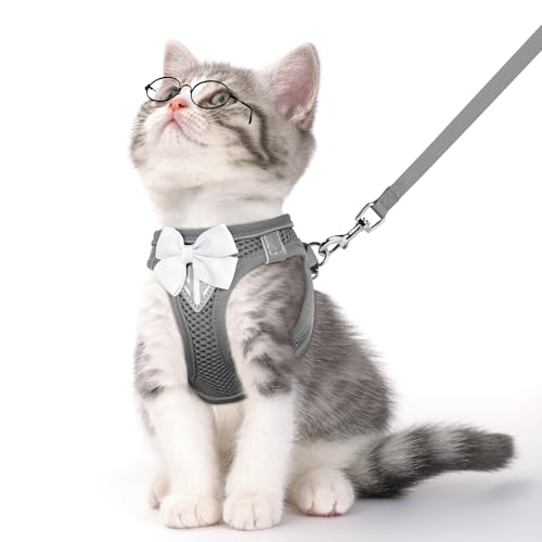 Cat Vest Harness and Leash Set, Escape Proof Kitten Harness Grey XS | Safe Reflective Strips, Adjustable Easy Wear Kitty Harness, Sturdy Clip Buckle, Breathable Mesh , for Kitty Puppy Bunny Walks - color: Grey, size: XS
