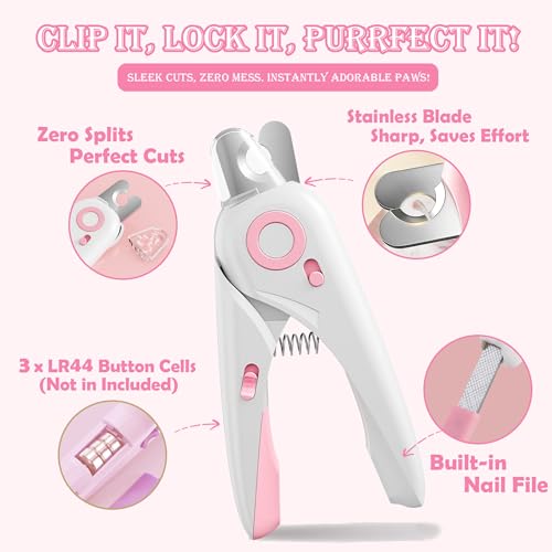 Self Cleaning Cat Brush for Shedding, LED Light Nail Clipper and Nail File | Slicker Brushes and Nail Trimmer for Long Haired Cats, Grooming Kit, Cat Lover Gifts - color: Pink