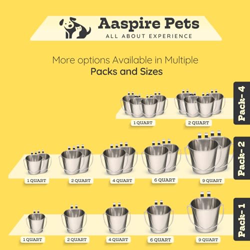 1 Quart Stainless Steel Flat Sided Bucket with Dual Hooks | 4 Pcs Durable Food & Water Bowl for Dog Cat Bird & Small Animals | Fits kennel Cage Crates Farm Hanging Pet Pail | Multipurpose - size: 1 Quart (Pack of 4)
