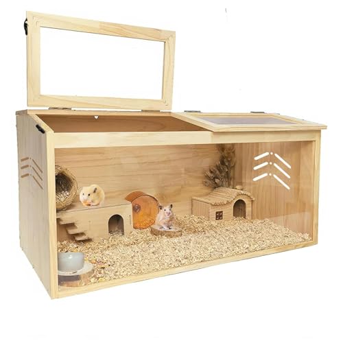 Wooden Hamster Cage, Large Hamster Habitats Enclosure Tank with Lock, Acrylic Sheet & Openable Top, Small Animal Cage for Chinchilla, Guinea Pig, Gerbil 40'' l