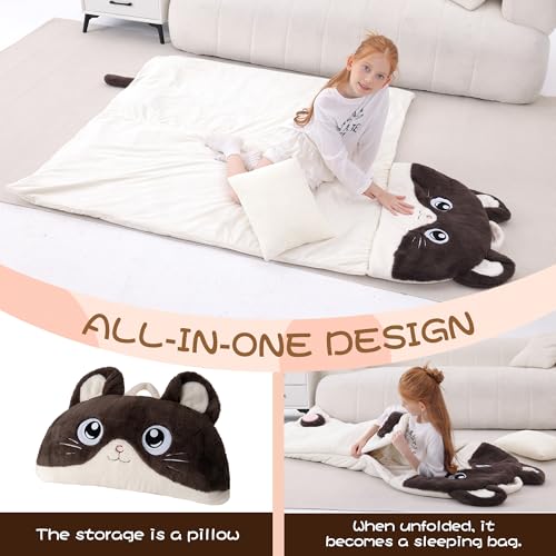 70" 4.2lbs Kids Sleeping Bag with Pillow Brown Cat Toddler Nap Mat | Sleep Sack 2-in-1 Sleeping Mat&Blanket Washable Rolls Up W/Handle For Daycare Kindergarten Thick Soft & Portable In Gift Box - color: Cat-Brown