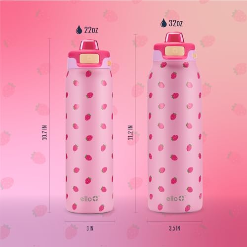 Ello Pop & Fill Insulated Stainless Steel Water Bottle with Quick Fill Lid, Leakproof Locking, Sip or Chug Spout, BPA-Free, Double Wall Vacuum Insulated for Sports, Travel & School- 22oz / 32oz / 40oz - color: Strawberries, style: 32oz