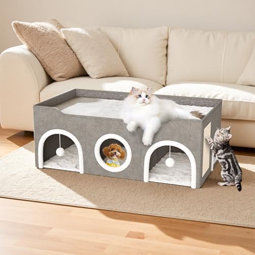 Top Bed Three Rooms Cat Condos,All-in-1 Extra-Wide Cat House for Indoor，Multi Cats Puppy Family, Large Cat Cave for Pet House with Fluffy Ball Hanging and Scratch Pad, Foldable Hideaway