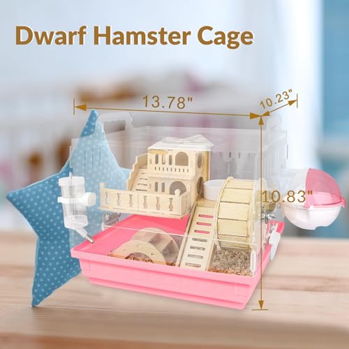 Cycodo 8 in 1 Acrylic Hamster Cage,2-Tier Dwarf Hamster Cage with Wooden Wheel & Hideout,Small Hamster Habitat with Accessories,Clear Pet Mice House(Pink,14" L*10" W*11" H) - color: Pink